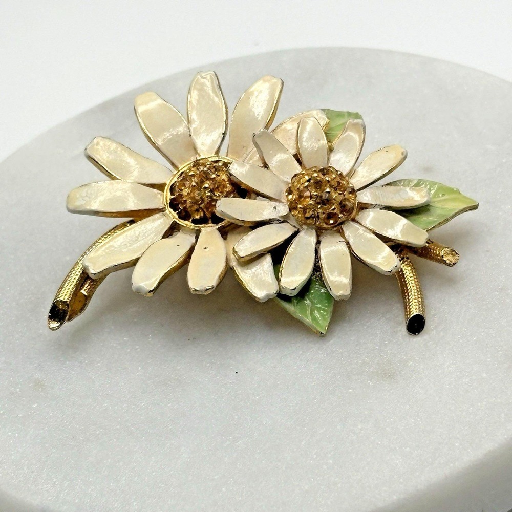 Vintage BSK Enamel Rhinestone Mid Century Flower Brooch Goldtone Floral Pin